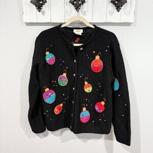 Vintage Talbots Christmas Sweater Cardigan Wool Embroidered Ornaments Women S